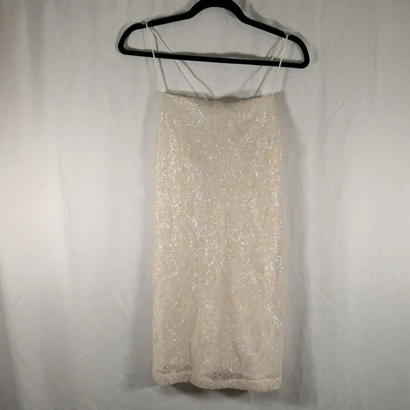 New Free People Mini Dress Women's Large White Sequin Sleeveless Spaghetti Strap - Picture 1 of 9